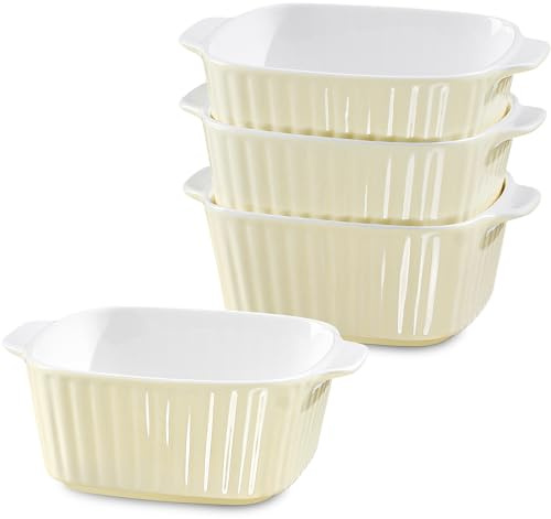 NUTRIUPS 400 ml Small Ceramic Baking Dishes Set of 4, Square Baking Dishes for Air Fryer, Ceramic Bakeware with Handles (Light Yellow)