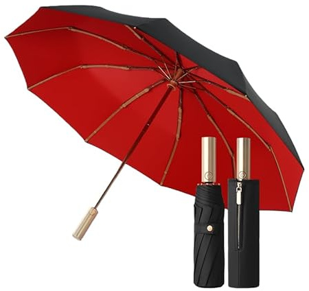 Golf Large Business Travel Folding Umbrella with Luxurious Gold Handle,Auto Open/Close, Rain/Sun,Portable,Compact,UV Protection,UPF50+,Zipper Sleeve,Strong10 Ribs, Women/Men,Backpack/Car