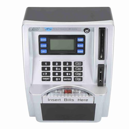 Jelquix Salvadanaio ATM per Bambini, Cassetta di Sicurezza Elettronica con Schermo LCD, Alimentatore di Banconote per Riconoscimento, Impostazione Obiettivo, Calcolatore del Saldo