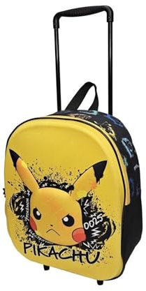 MANENTI S.L. Pokemon Pikachu Trolley Backpack Kids | Yellow 3D School Bag with Wheels & Handle | Rolling Backpack Travel School Bag | 100% Polyester