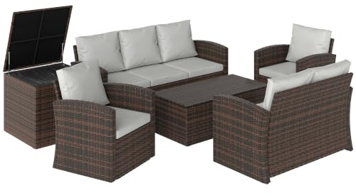 Outsunny Conjunto de Jardín Exterior de Ratán 6 Piezas Beige | Incluye Cojines, Sofá Doble, Sofá 3 Plazas, 2 Sillones, 2 Mesas Auxiliares con Almacenamiento