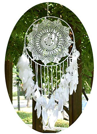 EasyBravo Große Boho Traumfänger Weiße Feder Makramee Wandbehang Vintage Hochzeit Hauptdekorationen 40cm Kreis 115cm lang