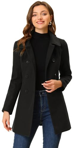 Allegra K - Cappotto doppiopetto lungo invernale da donna, peacoat, con colletto alla Peter Pan, Nero , S