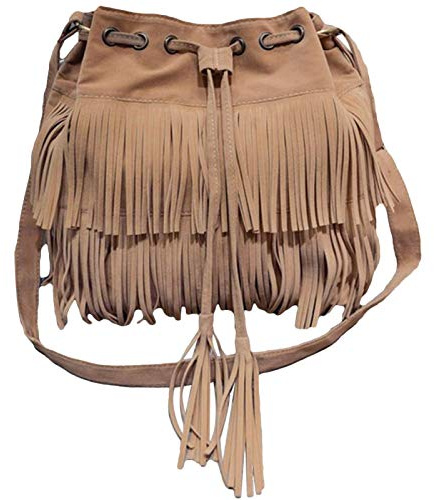 GREENLANS-1 Sac seau en daim avec franges et cordon de serrage pour femme et fille, camel, Taille unique