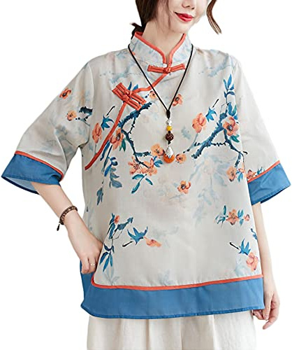 LUZU JUNU Summer Linen Shirt for Women Elegant Retro Chinese Frog Button Cute Floral Tunic Tops Blouse (Blue, L)
