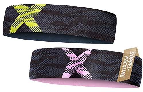 Diadema deportiva X para uso reversible, 2 unidades, delgada, ultraligera, muy elástica, banda para el sudor y cinta para el pelo para hombre, mujer y niños (NEON X y Black Rose X paquete doble)
