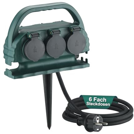 Multiprise de jardin 6 prises IP44 avec poignée de transport et piquet de terre, prise extérieure étanche avec câble en caoutchouc H07RN-F pour l'extérieur (5 m, vert)