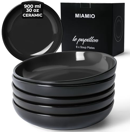 MIAMIO – Juego de 6 platos hondos de 900 ml / 22 cm para pasta/ensalada, cuencos de pasta anchos y poco profundos, plato hondo grande de cerámica - Colección Le Papillon (Negro)