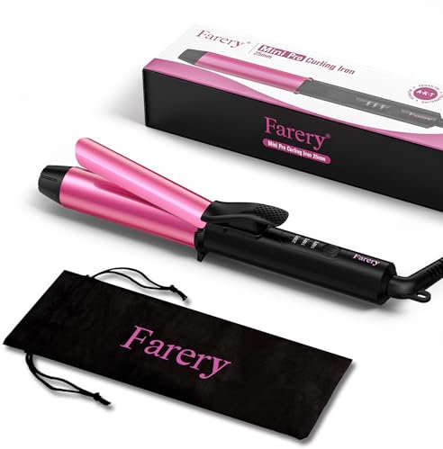 FARERY Ferro Arricciacapelli Viaggio Doppia Tensione, 25mm Mini Ferro Arricciacapelli con 3 Temperature Regolabili, Ceramica Mini Ferro per Capelli con Infuso di Cheratina&Olio Argan, con Borsa