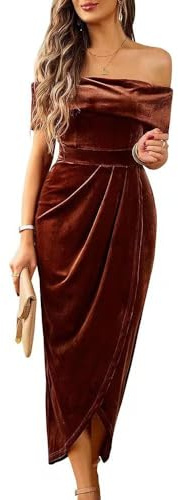 Off The Shoulder Vintage Velvet Bodycon Midi Dress for Women Wrap Slit Elegant Cocktail Party Evening Pencil Dress (S,Brown)