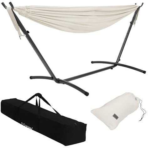 ML-Design Hamaca Doble con Estructura de Acero Beige Espacio para 2 Personas Silla Colgante XXL con Soporte y Bolsa de Transporte Incluida Balancín de Interior y Exterior Adecuado para el Jardín