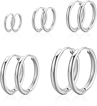 10Pcs Silver Hoop Earrings for Men Women Boys Girls, Small Circle Earrings Set, Surgical Steel Hoopearrings, Silver Round Earring Men, Hypoallergenic Hoop-Earrings Jewelry Gifts(8/10/12/14/16mm)