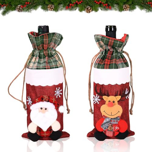Fairypeach Sackleinen Weinbeutel Weihnachts 2pcs, Weihnachten Weinflaschen Geschenktüten Weinflasche Taschen, Wiederverwendbare Wein Geschenk Flaschentüten Geschenktüte Mit Kordelzug Hochzeit Neujahr