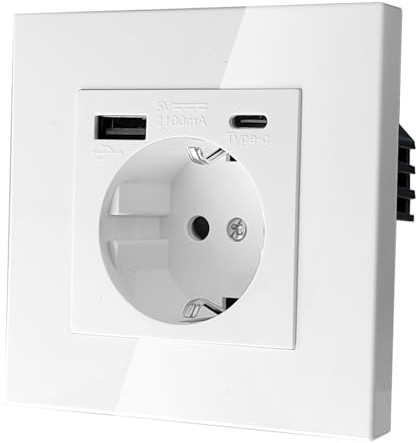 Enchufe de pared blanco de 86 mm, enchufe Schuko con una sola pared, USB (máx. 2,1 A, 220 V) y tipo C, enchufe 3 en 1, empotrable, para teléfonos móviles, portátiles, etc
