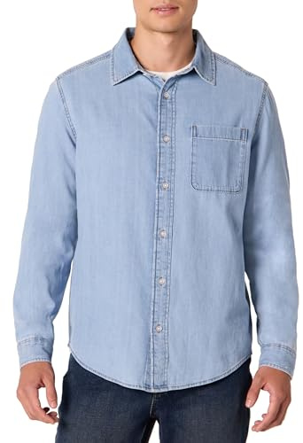 Amazon Essentials Camicia in Denim a Maniche Lunghe con Bottoni sul Colletto, Vestibilità Regolare Uomo, Lavaggio Indaco Chiaro, S