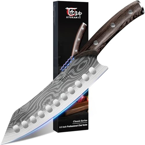SYOKAMI Japanese Kitchen Knife, 8.2 Inch Chef Knife, Carbon Steel Kiritsuke, Razor Sharp Santoku for Precision Cutting, Damascus Pattern, Full Tang Wood Handle,Thanksgiving Christmas Cooking Gifts