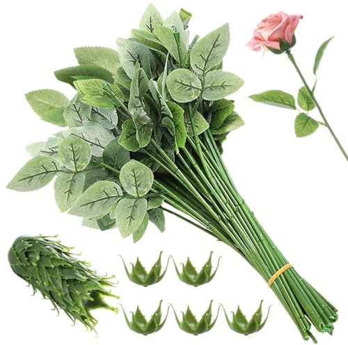SWEWARM Lot de 50 tiges de roses artificielles et calices pour décoration de bouquet de mariage