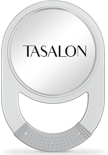 TASALON Unbreakable Hand Mirror, Hand Mirrors with Handle, Salon Barber for Hair, Anti-Slip Hand Held with Rubber Grip for Travel, Makeup, Shaving, Shower, Camping - Silver