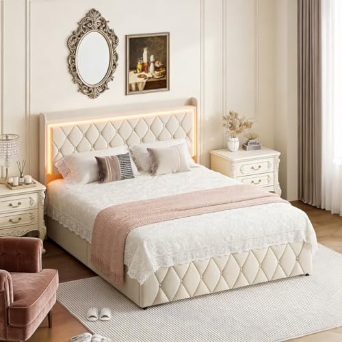 YNYHTER Klädd säng 140 x 200, Hydraulisk säng 140 x 200 dubbelsäng med USB och LED säng med sänggavel vadderade sängar med förvaring dubbelsängar stoppade med sängbotten (beige, 140 x 200 cm)
