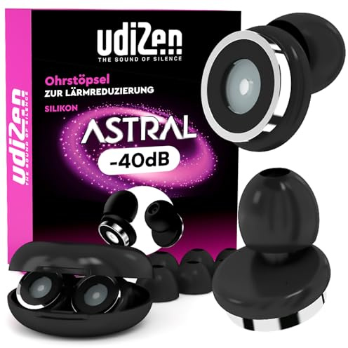 Bouchons d'Oreilles Antibruit pour Dormir Voyager Étudier -40dB UdiZen Astral - 1 Paire de Bouchons Ergonomiques Réutilisables Protection Auditive SNR 40dB Réduction du Bruit Couleur Noire avec Étui