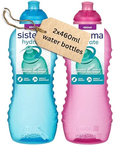 Official Sistema Squeeze Twist n Sip Sports Water Bottles 330 ml | Leakproof Kids Water Bottles | BPA-Free | 2 Count Pink & Blue| small water bottle, drinking bottles for adults and kids