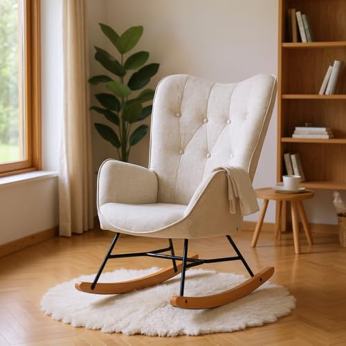 Meuble Cosy Fauteuil de Relaxation, Rocking Chair Confortable, Chaise à Bascule pour Salon en Tissu avec Pieds Bois et Métal, Décor de Boutons