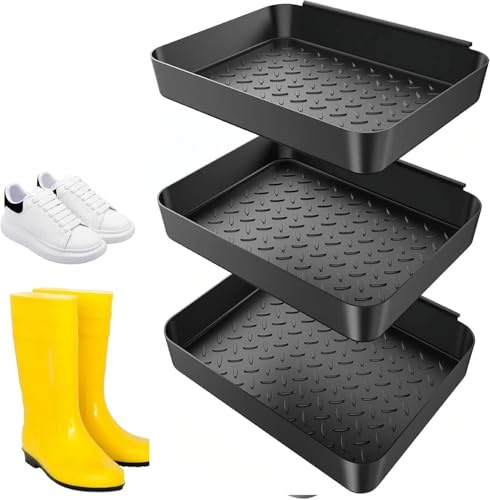 Kiuiom Vassoio Poggiascarpe,Vaschette Poggia Scarpe Bagnate,Bandeja Impermeabile per Scarpe per Giorni di Pioggia e Stagione Nevosa,Plastica Antiscivolo,Nero,3 Pezzi,35 נ27,5 נ3 cm