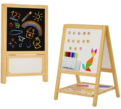 Kids Easel Wooden Art Easel for Kids, Tabletop Magnetic Drawing Board with Dual Chalkboard & Whiteboard, Foldable No-Assembly Design, Art Set with 54 Magnetic Letters & Numbers and Dustless Chalk