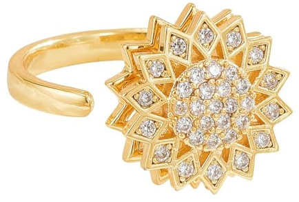 Anillo giratorio de ansiedad con flor de sol dorada para mujer, anillo de mindfulness para inquietud, anillo ajustable abierto resistente a la presión, chapado en cobre con oro de 18 quilates.