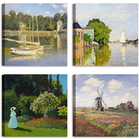 LuxHomeDecor Set di 4 quadri 30x30 cm – stampa su tela con telaio in legno stile impressionista – Claude Monet