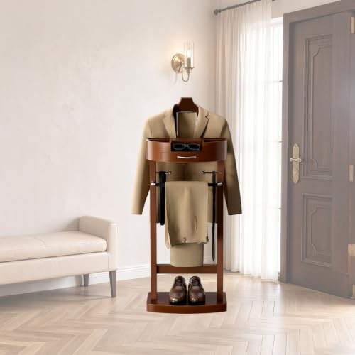 Wood Valet Stand för män, fristående kostymhängare med låda och bricka, golvstående klädhängare, klädhängare för sovrum, hall, korridor