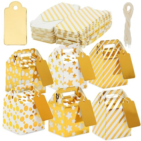 Juvale Party Favor Boxes - 36 Mini Gold 2 x 2 x 2 in With Tags & Strings - 3 Patterns Polka Dot, Stars & Stripes - Paper Packaging for Wedding & Birthday Truffles