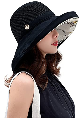 Women Mesh Sun Hats Summer Beach UV Protection UPF Packable Wide Brim Chin Strap (Black)