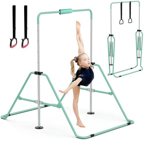 GYMMAGE Barres de gymnastique avec coussinet de barre, équipement de gymnastique pour la maison, le jardin, barre horizontale pliable à hauteur réglable avec anneaux de gymnastique pour enfants,