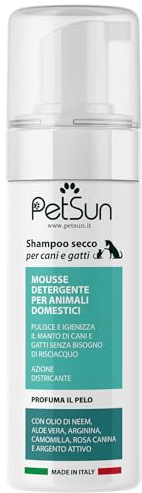 PetSun Shampoo secco per cani e gatti - Mousse detergente senza risciacquo, antiodore e antipulci - Pulisce e igienizza il manto - Azione districante - Con olio di Neem e Argento Attivo 200 ml