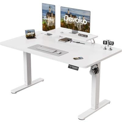 Devoko Electric Standing Desk 140 x 60cm with Monitor Stand, Height Adjustable Desk for Gaming, Home Office Table with 2 Memory Smart Pannel (White)