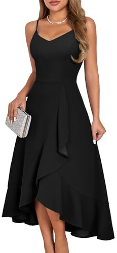 DRESSTELLS Robe Noire Femme Elégante Cocktail Festive Bretelles Hautes Robes de Mariage Mi-Longues Ourlet Ruffle d'Eté Vintage Fête Curvy Black XL