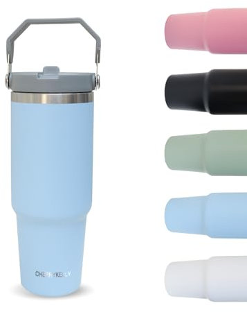 CherryKelly 30oz (850ml) Travel Mug with Handle, Travel Tumbler with Straw Lid, Stainless Steel Vacuum Insulated Coffee Cup, Double Wall Travel Flask Car Mug, Leak Proof Water Bottle - Blue