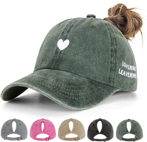 Acado Women Ponytail Baseball Cap - Adjustable Vintage Washed Baseball Cap Distressed Ladies High Pony Hat Embroidery