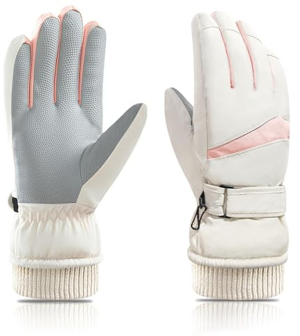 Andiker Skihandschuhe Damen Wasserdicht - Winter Thermohandschuhe mit Fleece Winddicht für Skifahren Laufen Radfahren (Weiß)