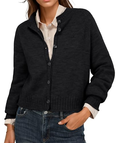 GRECERELLE Cárdigan de punto corto para mujer, cuello redondo, manga larga, jersey de punto clásico, top con botones, para otoño y primavera (negro, XXL)