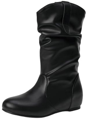 Stivali Da Donna Con Zeppa E Tacco A Metà Polpaccio, Stivali Cowboy Western Alla Moda Scarpe Slip-On Larghe Punta Rotonda Grandi Dimensioni Stivali Equitazione Autunnali E Invernali,Nero,37 EU