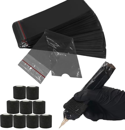 Srvauyea 200 Pièces Housses de Stylo de Tatouage Jetables, Housses pour Machines à Tatouer avec 9 Self Adherent Elastic Bandage, Manchons de Stylo de Machine, Couvertures pour Machines à Tatouer