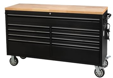 61-Inch Heavy-Duty Rolling Tool Chest & Mobile Workbench with 9 Drawers, Rubber Wood Top, Locking System, Wheels for Garage, Workshop, Warehouse Storage, Tool Cabinet
