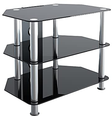 AVF Black Glass TV Stand - Small Glass and Silver Chrome Metal Leg Corner TV Unit Floorstand with Cable Management, 60cm Wide, For TVs Up to 32 & 35kg - SDC600CM