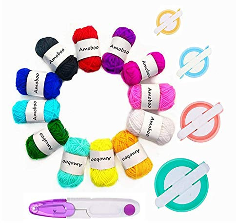 KNEWMART Pom Pom Maker, 4 Taglie Pompon Maker Fluff Sfera Weaver ago Fai da Te in Kit di Attrezzi Lavoro a Maglia di Lana per Lavoro a Maglia + 12 Pezzi di Filo Acrilico + 1 Pezzo di Forbici