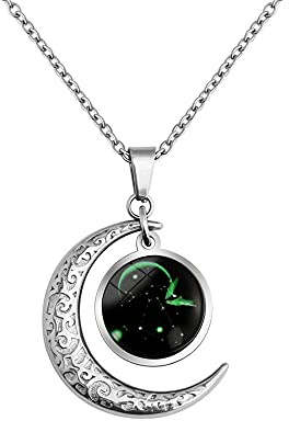 LEJAHAO stjärntecken kedja kvinnor män med berlocker hängen stjärnbilder zodiac måne stjärna rappare Luna modesmycke halsband enkel hip hop medllion zodia halsband kedjor för män pojkar, 60 cm, Glas