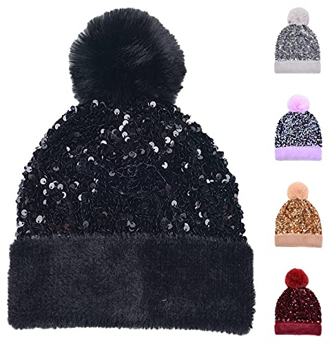Yanmucy, berretto invernale da donna con paillettes, lavorato a maglia, con pompon staccabile, per donne e ragazze