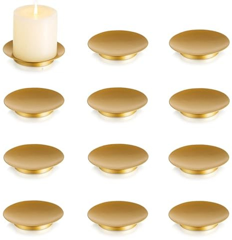 Inweder Bougeoir Support Bougie Chandelier - Lot de 12 Bougeoirs Ronds Doré de 11cm en Fer Supports pour Bougies Piliers, Chauffe-Plat et Votives Noël Halloween Décoration Intérieur