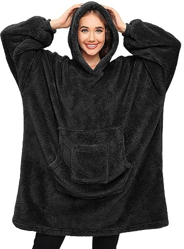 Tuopuda Sweatshirt Kvinnor Filt Med Ärmar Pläd Huvtröjor Överdimensionerade Fleece-Bärbara Filtar Pullover Blanket Hoodie Sherpa Fleece Jättetröja med Kappa Vinterpyjamas, Standard svart, one size